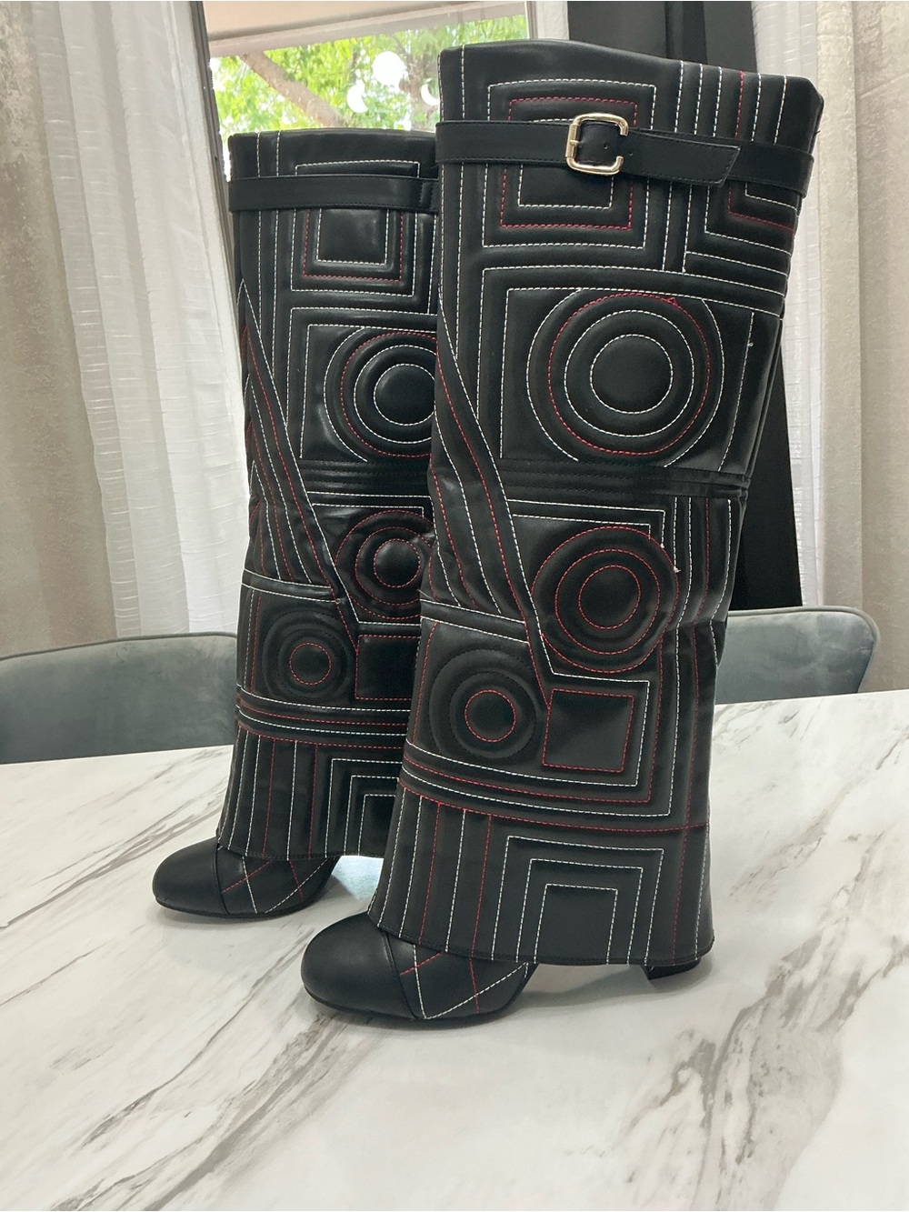 Cape Robbin Black Over-the-Knee Geometric-Quilt Boots with Red & White Stitching